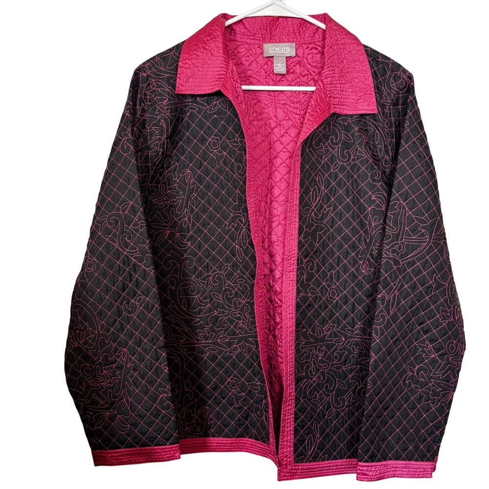 Chico's Women's Quilted Jacket Size 2 Hot Pink Floral Pattern Open Front Large